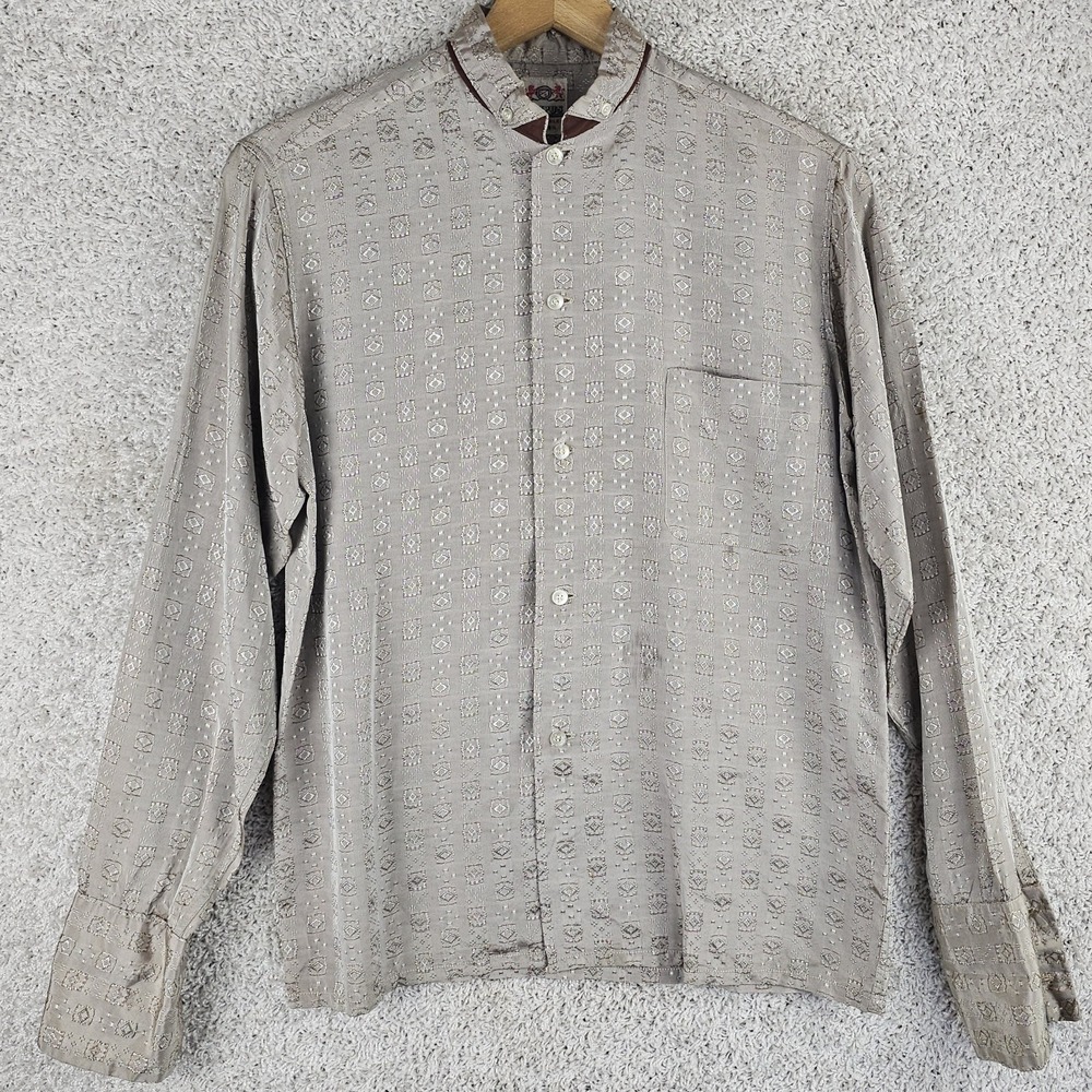Vintage 50s Campus French Cuff Shimmery Metalic Gray Geometric Shirt Sz M/S